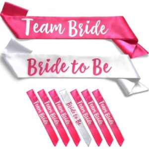 GDTO8820 Team Bride 7pc Satin Sash Set - Sophisticated & Fun Party Favors for Bachelorette Party, Bridal Shower & Wedding Party (7pc Set, White & Pink)