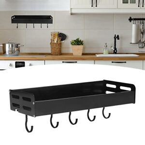 Deosdum Wall Mounted Kitchen Shelf Space Aluminum Rustproof Structure Floating Wall Shelves with 5 Hooks for Kitchen Black (30cm Long Black)