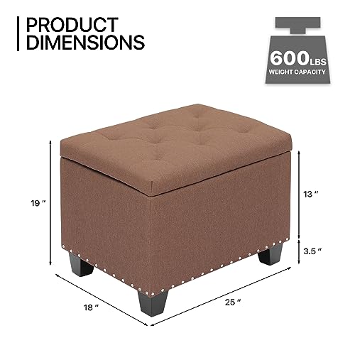 MoNiBloom 24 Inch Modern Storage Ottoman Bench, 40L Inner Space Brown Linen Foot Stool for Bedroom, Upholstered Padded Rectangular Fabric Tufted Bench Footrest with Wood Legs with 660 Lbs Capacity