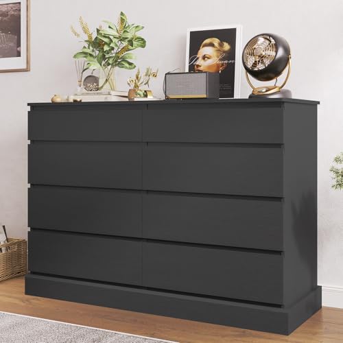 Hasuit Black Dresser for Bedroom, Long Dresser with 8 Drawers, 51.5''W Wooden Dresser Chest of 8 Drawers, Large Capacity Clothing Storage Cabinet, Wide Dresser for Bedroom Living Room Entryway