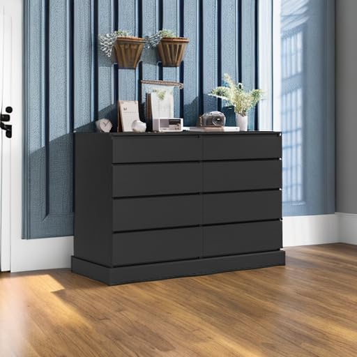 Hasuit Black Dresser for Bedroom, Long Dresser with 8 Drawers, 51.5''W Wooden Dresser Chest of 8 Drawers, Large Capacity Clothing Storage Cabinet, Wide Dresser for Bedroom Living Room Entryway