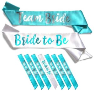 gdto8820 team bride 7pc satin sash set - sophisticated & fun party favors for bachelorette party, bridal shower & wedding party (7pc set, white & light blue)