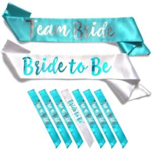 GDTO8820 Team Bride 7pc Satin Sash Set - Sophisticated & Fun Party Favors for Bachelorette Party, Bridal Shower & Wedding Party (7pc Set, White & Light Blue)