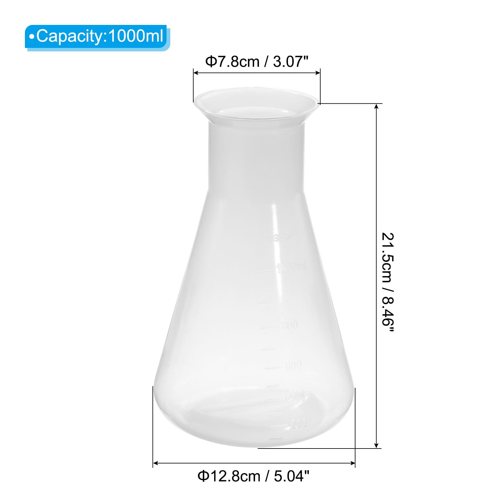 PATIKIL 1000ml Plastic Erlenmeyer Flask, 2 Pack Wide Mouth Conical Flask for Laboratory, Clear