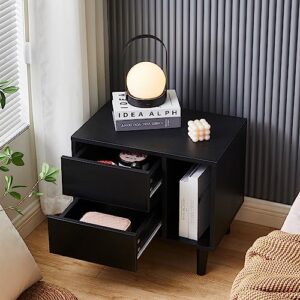 TUKAILAi Modern Nightstand with 2 Drawers, Open Storage & Solid Wood Legs, Bedside Table Cabinet Storage Unit for Bedroom (Black)