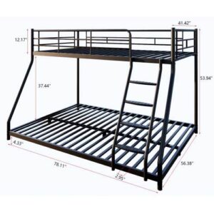 Metal Floor Bunk Bed, Bunk Beds Twin Over Full Size, Heavy Duty Bed Frame w/Sloping Ladder and Safety Guardrails for Boys Girls Teens Adults, No Box Spring Needed (Black)