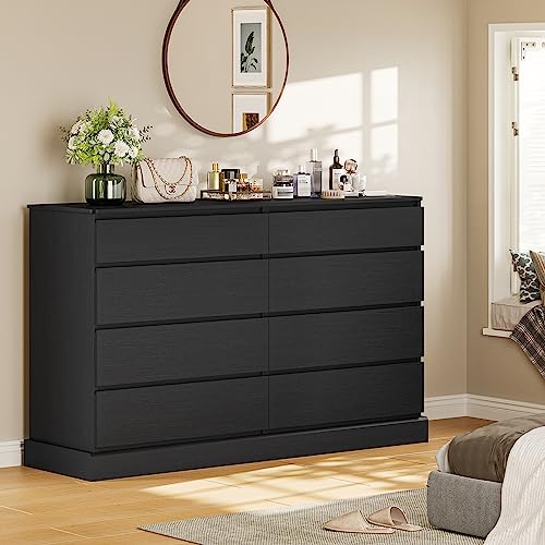 Hasuit Black Dresser for Bedroom, Long Dresser with 8 Drawers, 51.5''W Wooden Dresser Chest of 8 Drawers, Large Capacity Clothing Storage Cabinet, Wide Dresser for Bedroom Living Room Entryway