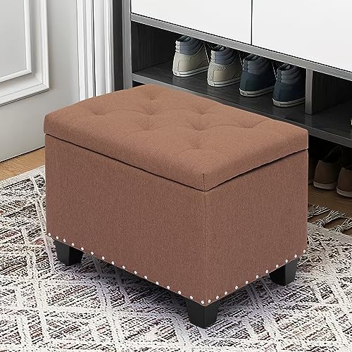 MoNiBloom 24 Inch Modern Storage Ottoman Bench, 40L Inner Space Brown Linen Foot Stool for Bedroom, Upholstered Padded Rectangular Fabric Tufted Bench Footrest with Wood Legs with 660 Lbs Capacity