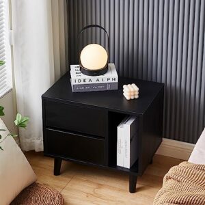 TUKAILAi Modern Nightstand with 2 Drawers, Open Storage & Solid Wood Legs, Bedside Table Cabinet Storage Unit for Bedroom (Black)