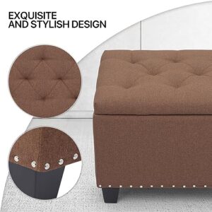 MoNiBloom 24 Inch Modern Storage Ottoman Bench, 40L Inner Space Brown Linen Foot Stool for Bedroom, Upholstered Padded Rectangular Fabric Tufted Bench Footrest with Wood Legs with 660 Lbs Capacity