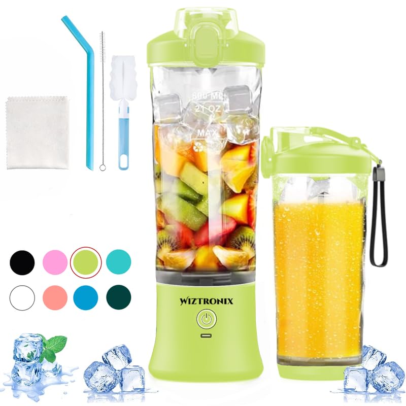 Cordless 21oz Portable Blender BPA Free With Personal Blender Cup, Best For Smoothie, Shakes, and Cocktails, With Durable Stainless Steel Blades, USB-C Rechargeable in Lime By WIZTRONIX