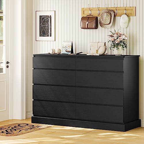 Hasuit Black Dresser for Bedroom, Long Dresser with 8 Drawers, 51.5''W Wooden Dresser Chest of 8 Drawers, Large Capacity Clothing Storage Cabinet, Wide Dresser for Bedroom Living Room Entryway