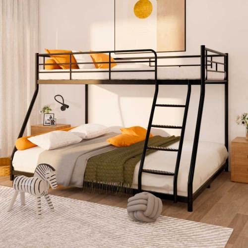 Metal Floor Bunk Bed, Bunk Beds Twin Over Full Size, Heavy Duty Bed Frame w/Sloping Ladder and Safety Guardrails for Boys Girls Teens Adults, No Box Spring Needed (Black)