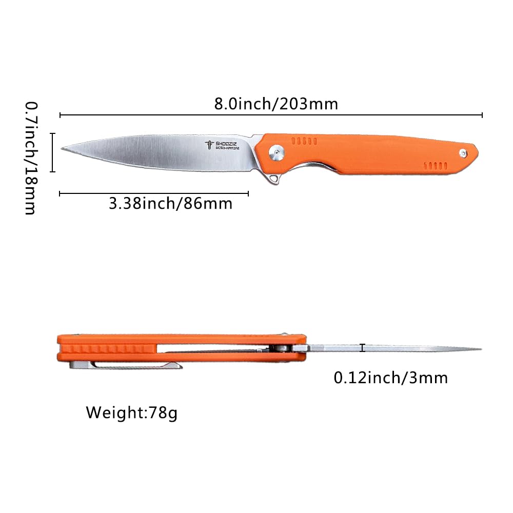 SHOOZIZ HAN312 Pocket Knife Folding Knife for EDC, 3.38" DC53 Steel Blade G10 Handle Folding knife With titanium alloy clip Ceramic ball bearing locating ball Everyday Carry Knife for Men Women (Orange+Sanding)