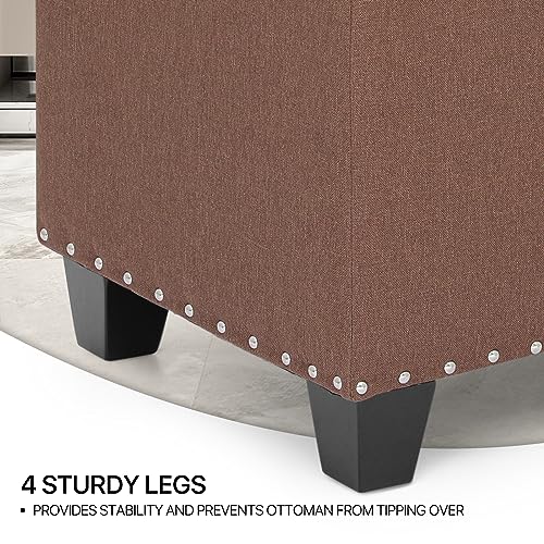 MoNiBloom 24 Inch Modern Storage Ottoman Bench, 40L Inner Space Brown Linen Foot Stool for Bedroom, Upholstered Padded Rectangular Fabric Tufted Bench Footrest with Wood Legs with 660 Lbs Capacity