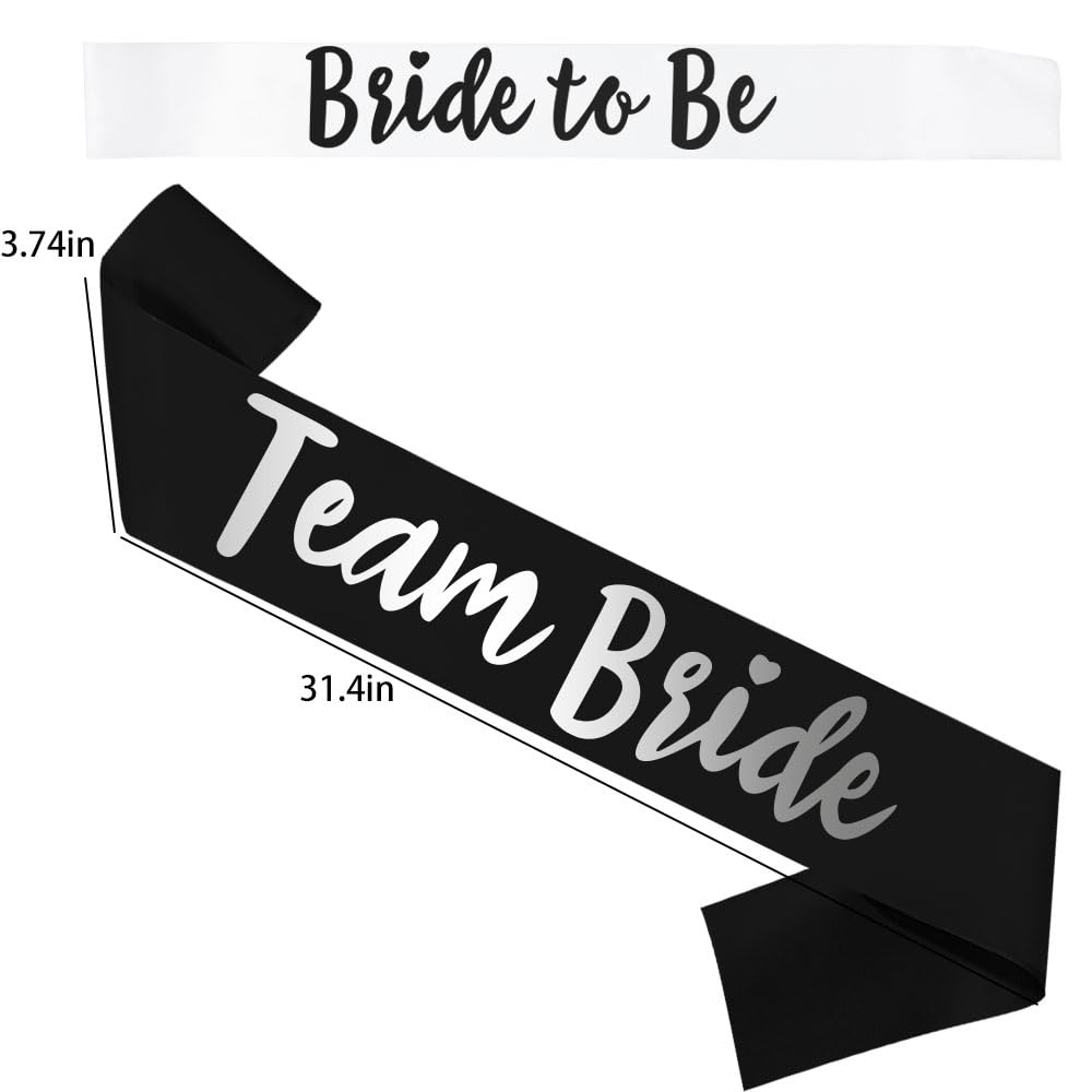 Team Bride 7pc Satin Sash Set - Sophisticated & Fun Party Favors for Bachelorette Party, Bridal Shower & Wedding Party (7pc Set, White & Black)