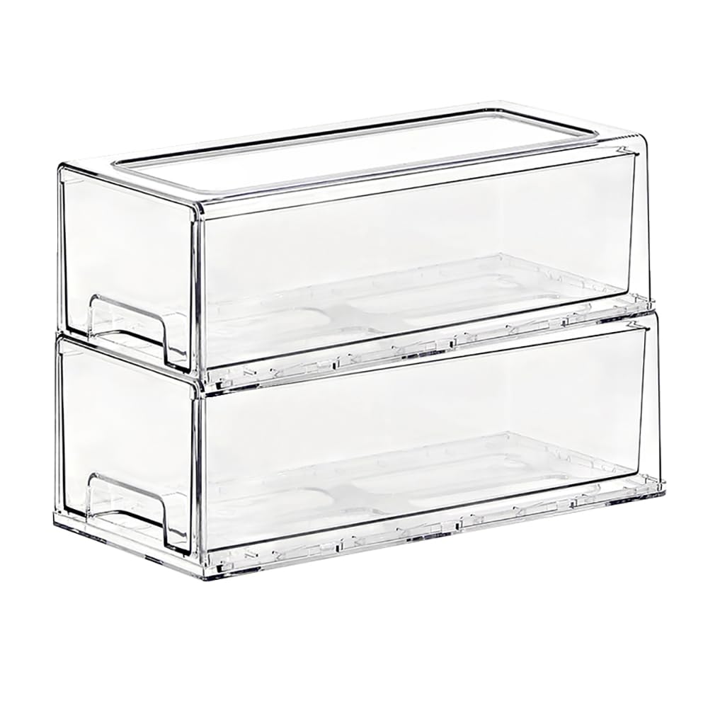 SIMPEXPE Stackable Storage Drawer, Pull Out Plastic Food Fridge Organizer Bins for Pantry Shelf Refrigerator Organization Kitchen Bathroom Cabinet Closet Office Clear -2Pack