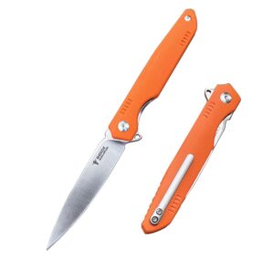 shooziz han312 pocket knife folding knife for edc, 3.38" dc53 steel blade g10 handle folding knife with titanium alloy clip ceramic ball bearing locating ball everyday carry knife for men women (orange+sanding)