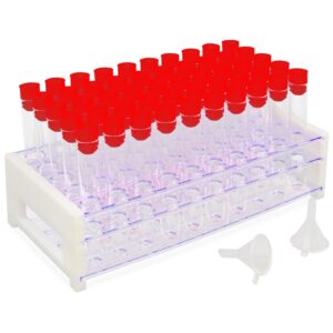 test tubes with rack,50 pack clear plastic test tubes16x100mm - with secure caps & durable holder rack, ideal for scientific experiments, candy beads sample storage, kids party supplies (16x100mm)