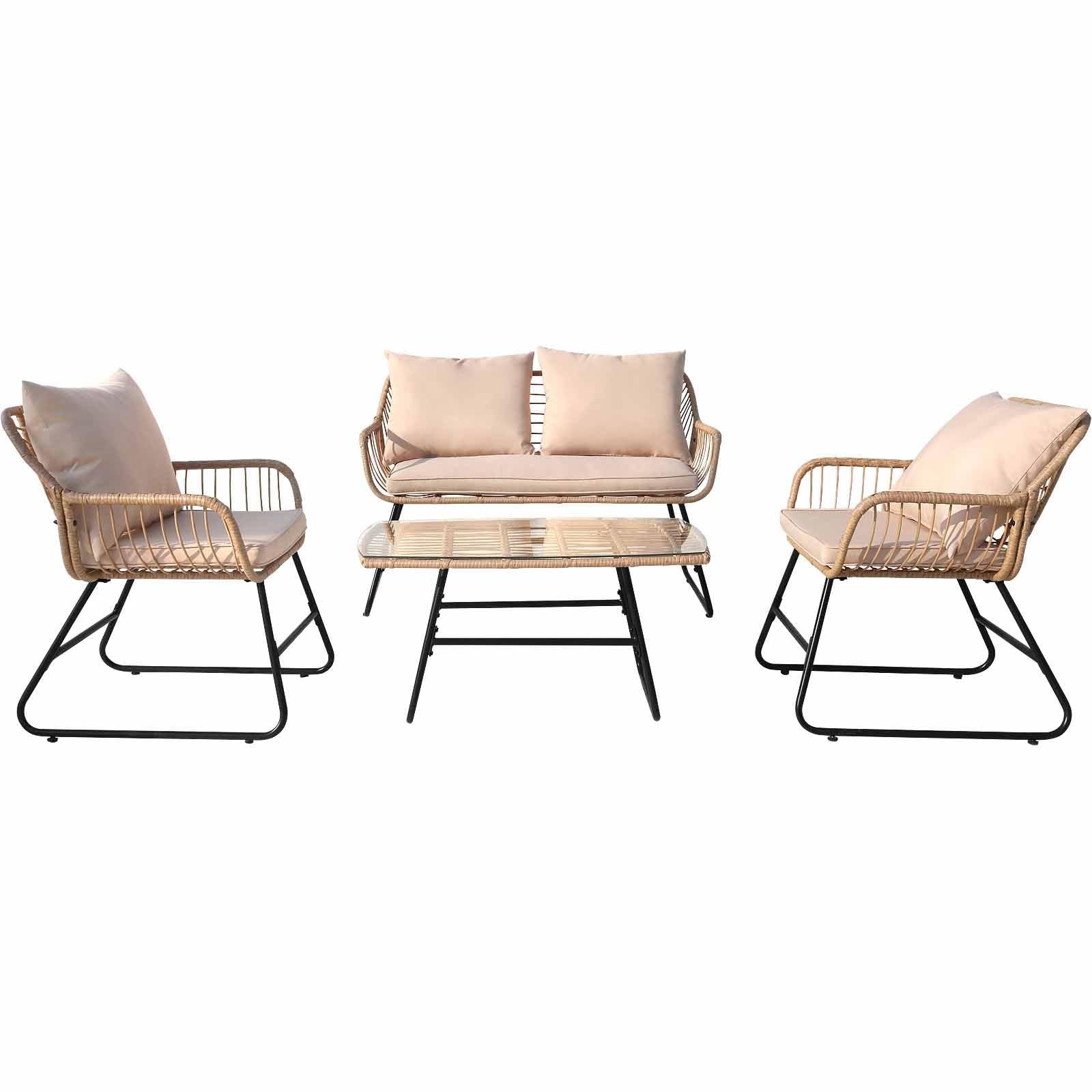 FKSLIFE Outdoor Wicker Patio Conversation Set, All-Weather Rattan Conversation Chairs for Backyard, Balcony, Deck ，Porch ，with Soft Cushions (Beige+Beige, 4-Piece Set)