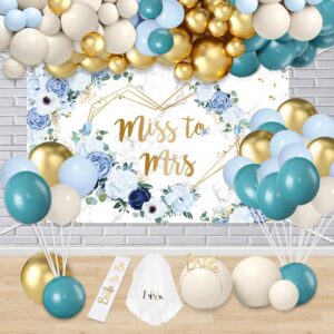 MEHOFOND 173pcs Blue Bridal Shower Decorations, Miss to Mrs Banner Backdrop with Balloons, Blue and White Sand Wedding Balloon Arch Kit, Bride to Be Engagement Balloons Garland Kit Party Decor