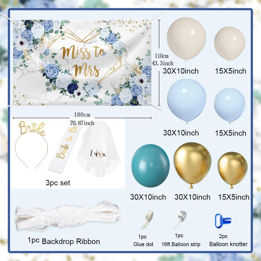 MEHOFOND 173pcs Blue Bridal Shower Decorations, Miss to Mrs Banner Backdrop with Balloons, Blue and White Sand Wedding Balloon Arch Kit, Bride to Be Engagement Balloons Garland Kit Party Decor