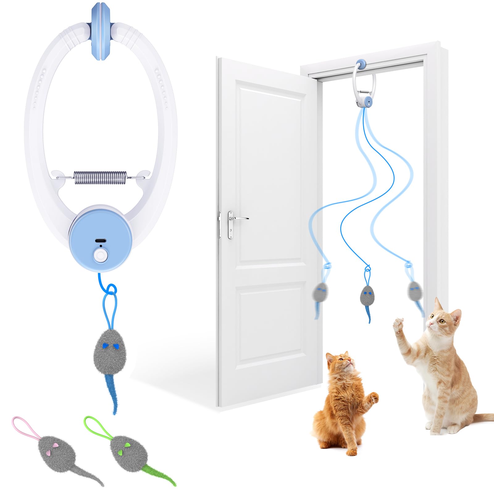 Kezlume Cat Toy Interactive for Indoor Cats, Smart USB Rechargeable Door Hanging Automatic Retractable Kitten Toys, Teaser Electronic Self Play Feather Cat String Toy Attached with 3 Catnip Mice White