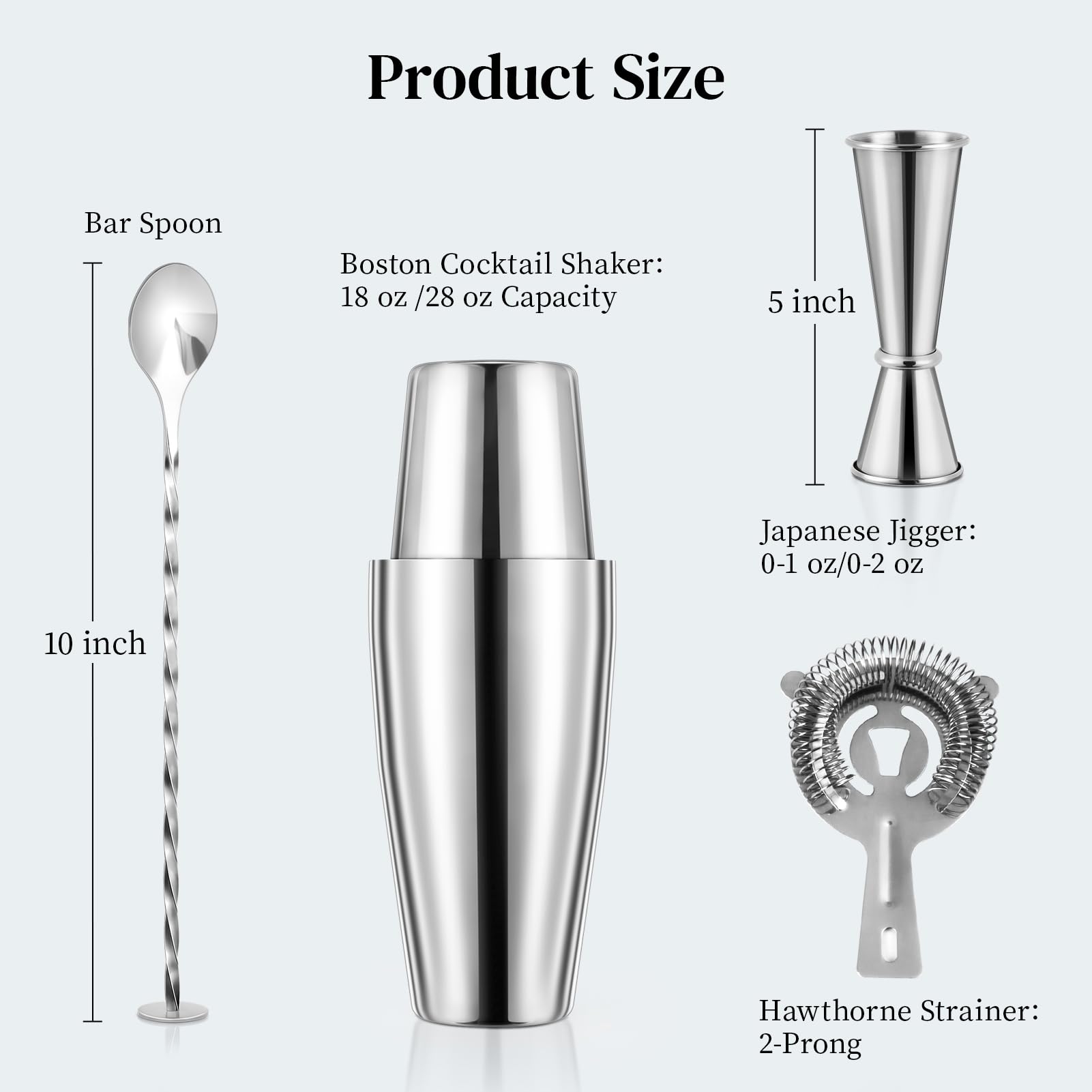 X Home Cocktail Shaker Set, Professional 4-Piece Bartender Kit with Boston Shaker, Hawthorne Strainer, Double Measuring Cocktail Jigger, and 10-inch Mixing Spoon, Bartender's Choice