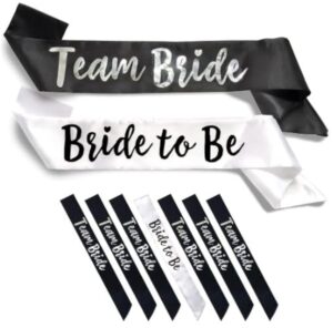 team bride 7pc satin sash set - sophisticated & fun party favors for bachelorette party, bridal shower & wedding party (7pc set, white & black)