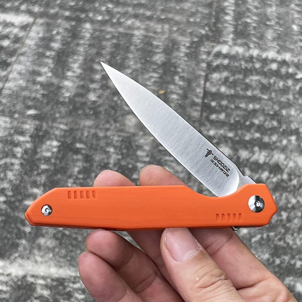 SHOOZIZ HAN312 Pocket Knife Folding Knife for EDC, 3.38" DC53 Steel Blade G10 Handle Folding knife With titanium alloy clip Ceramic ball bearing locating ball Everyday Carry Knife for Men Women (Orange+Sanding)