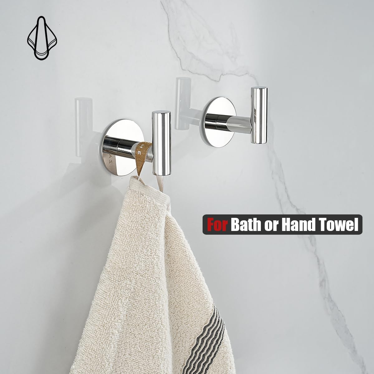 JQK Self Adhesive Towel Hook Chrome, No Drill Stick on Coat Robe Clothes Wall Hook for Bathroom Kitchen Garage 2 Pack, 304 Stainless Steel Polished Steel, ATH110-CH-P2