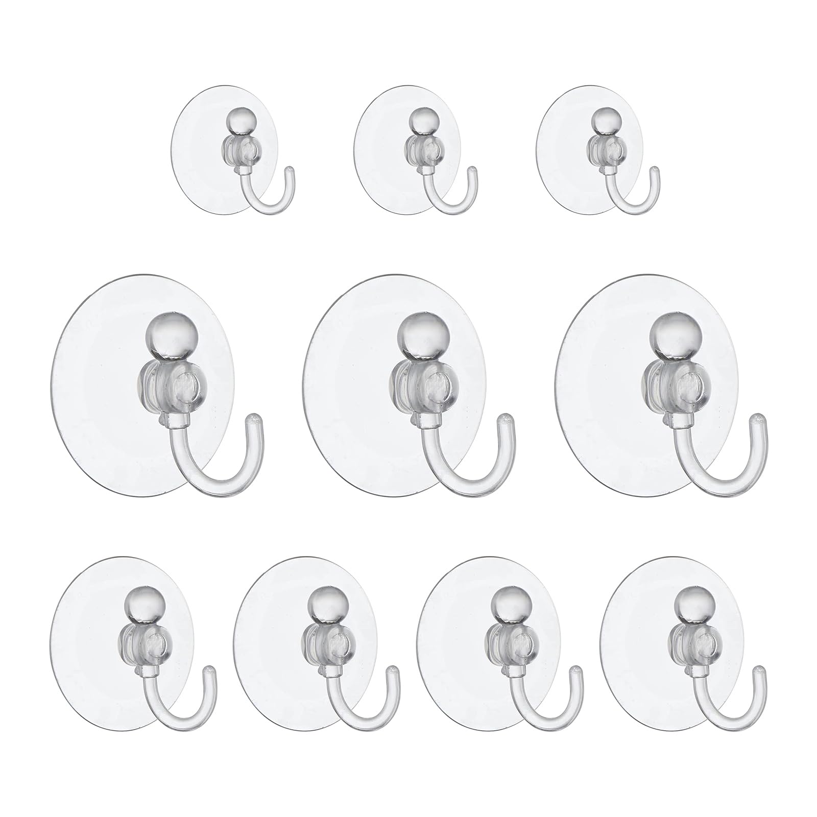 LuckyOpt Suction Cup Hooks, 10Pcs Removable Window Suction Cups with Hooks Including 3 Sizes for Glass, PVC Suction Cups with Hooks for Shower, Bathroom and Kitchen (Round)