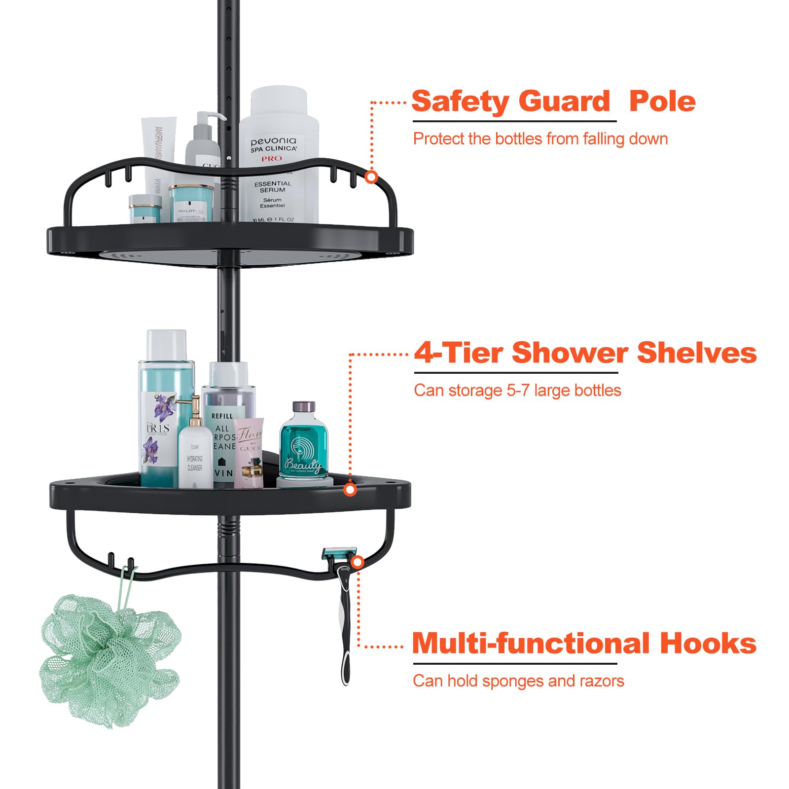 Shower Caddy Corner,39-125in Adjustable Tension Pole Shower Organizer for Bathroom,Rustproof Bathtub Storage Holder with 4 ABS Plastic Shelves for Insider Shower,Black