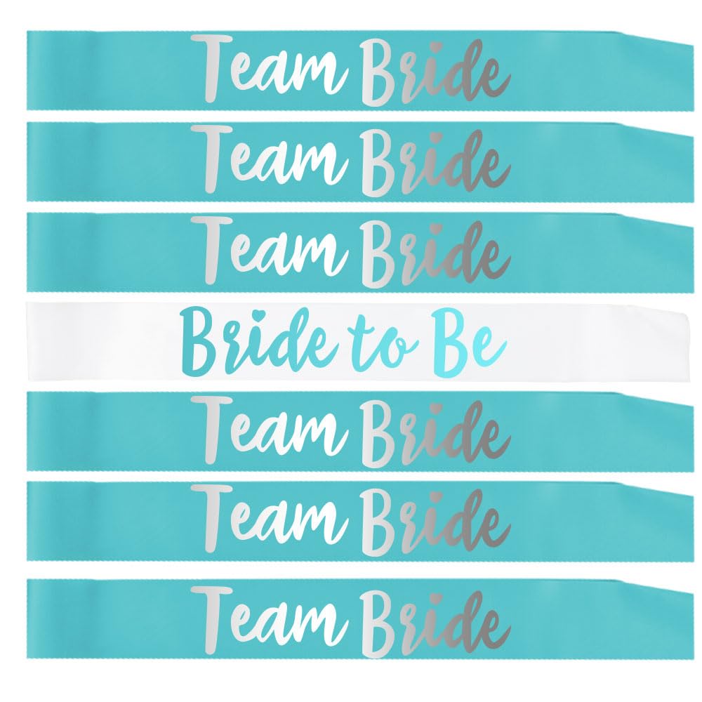 GDTO8820 Team Bride 7pc Satin Sash Set - Sophisticated & Fun Party Favors for Bachelorette Party, Bridal Shower & Wedding Party (7pc Set, White & Light Blue)