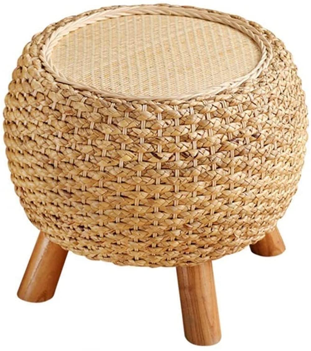 VIXPET Footstool Round Hand-Woven Rattan Footstool, Solid Wood Stool, Designer Dressing Stool, Corridor Shoe Footstool