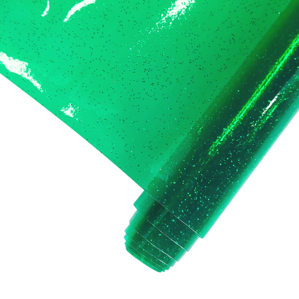 JINR Emerald Green Shiny Glitter Clear Vinyl Leather Sheets, 12" x 47" Iridescence PVC Fabric Roll for Sewing Crafts Bows Earrings Handbag Decoration