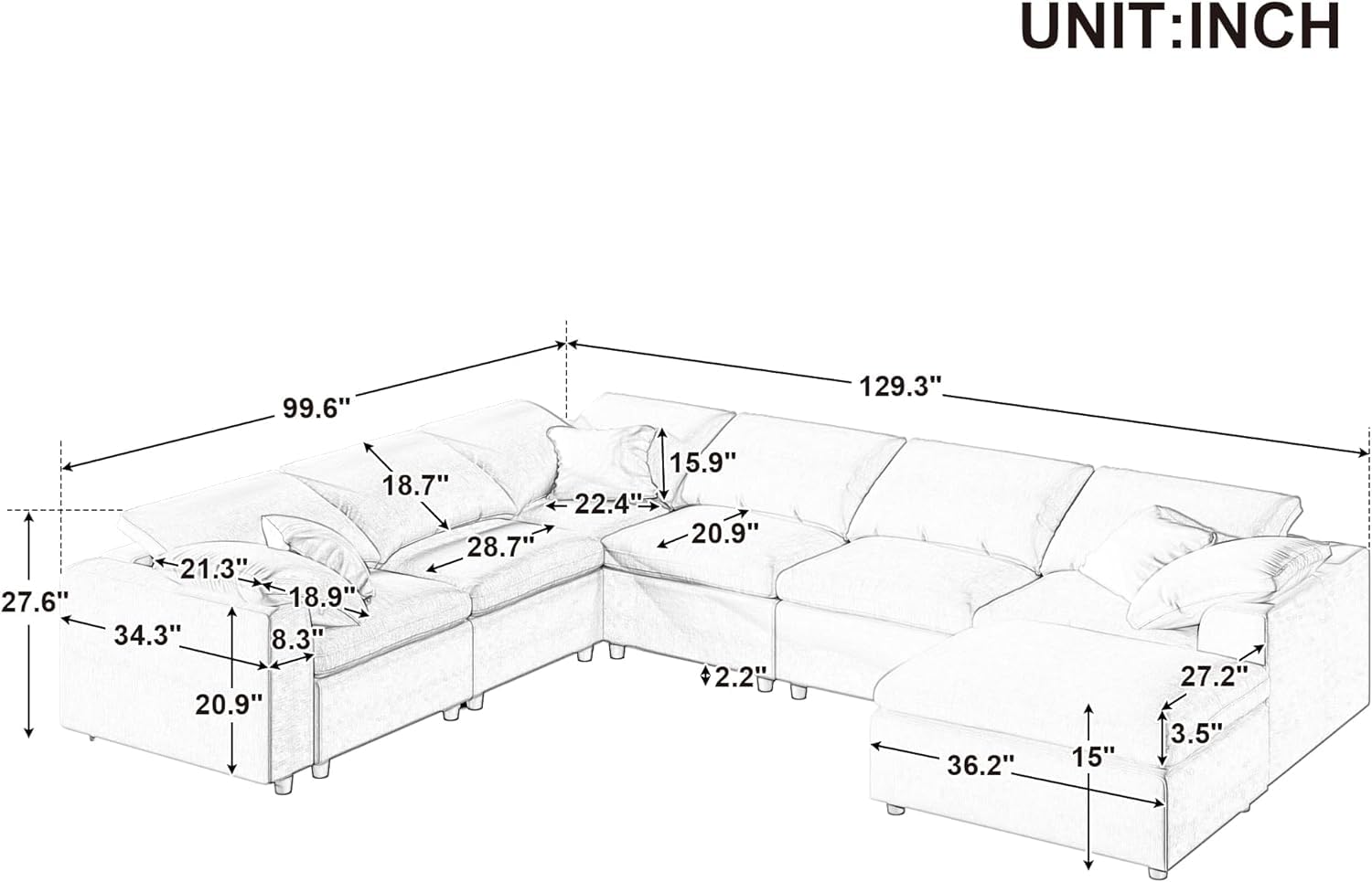 JURMALYN 129.3" Oversized Modular Sectional Sofa Couch for Living Room L U Shaped Sofa with Ottoman, Corner Convertible Sectional Couch for Home Office Spacious Space -Beige