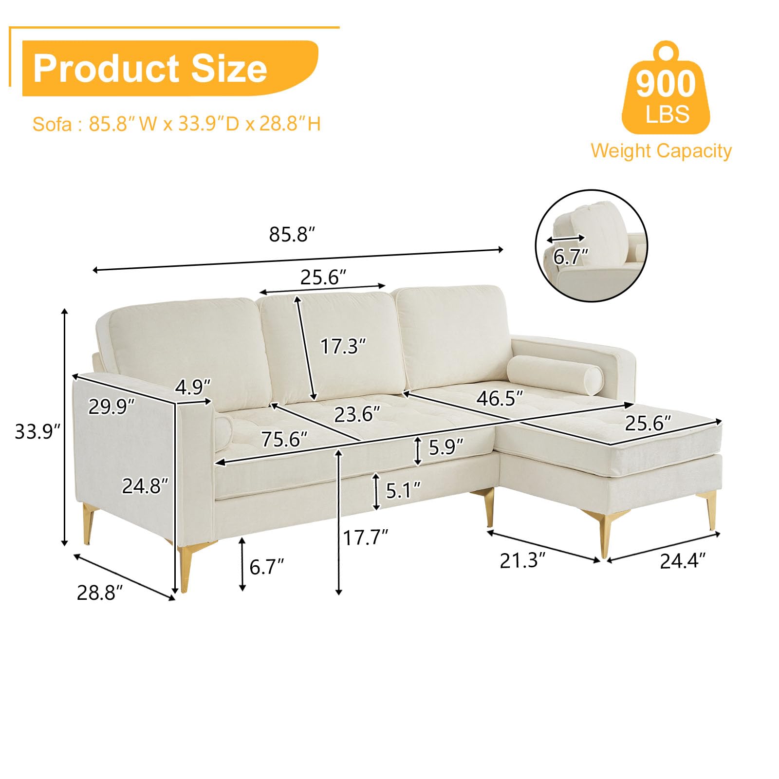 VINGLI 85.8" Convertible Sectional Sofa with Deep Seat,Modern L Shape Sectional Couches for Living Room,Soft Chenille Sectional Sofas with Reversible Chaise for Home,Apartment (Chenille, Creamy White)