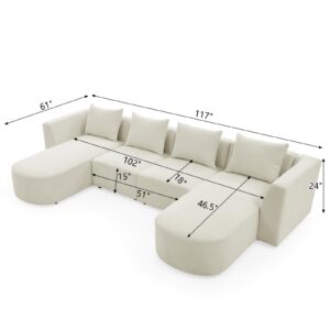 GNIXUU Modular Sectional Sofa, Modern Minimalist Boucle Fabric U-Shaped Sectional Couch, Comfy Double Chaise Lounge 4 seat Couch Set with Pillows for Living Room, Office, Apartment，117Inch(Beige)