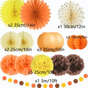 Fall Party Decorations Orange Yellow Brown Paper Fans Paper Pom Poms Paper Lanterns Circle Dot Garland for Orange Yellow Autumn Fall Birthday Bridal Shower Baby Shower Party Decor