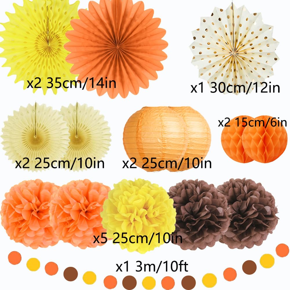 Fall Party Decorations Orange Yellow Brown Paper Fans Paper Pom Poms Paper Lanterns Circle Dot Garland for Orange Yellow Autumn Fall Birthday Bridal Shower Baby Shower Party Decor