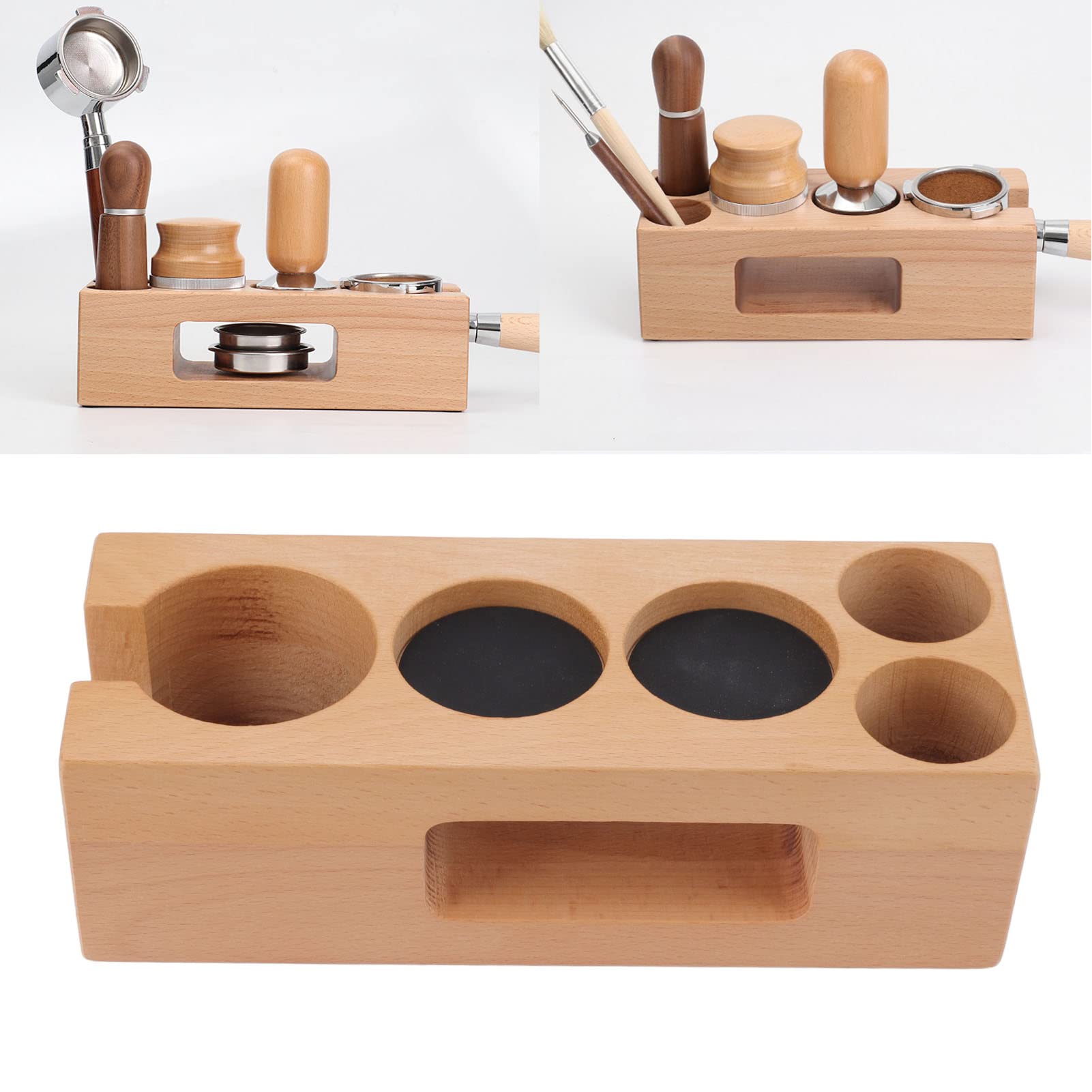 Wood Coffee Filter Tamper Holder with Mat, 5 Hole Espresso Tamping Station Wooden Espresso Tamper Mat Stand (S)