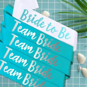 GDTO8820 Team Bride 7pc Satin Sash Set - Sophisticated & Fun Party Favors for Bachelorette Party, Bridal Shower & Wedding Party (7pc Set, White & Light Blue)