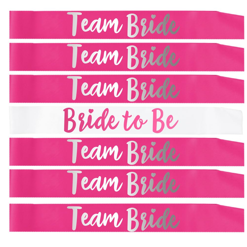 GDTO8820 Team Bride 7pc Satin Sash Set - Sophisticated & Fun Party Favors for Bachelorette Party, Bridal Shower & Wedding Party (7pc Set, White & Pink)