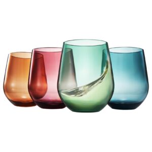 tritan bpa-free plastic shatterproof stemless wine glasses, - 4 set - acrylic glass drinkware, unbreakable colored, reusable, dishwasher safe, all purpose glassware 15oz - tumblers, indoor and outdoor