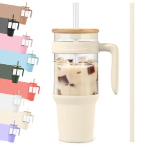 tronco 40 oz glass tumbler with straw and lid, reusable glass tumbler with handle, iced coffee cup with bamboo lid, glass water bottles fit in cup holder, carbonfree, lead-free, bpa-free