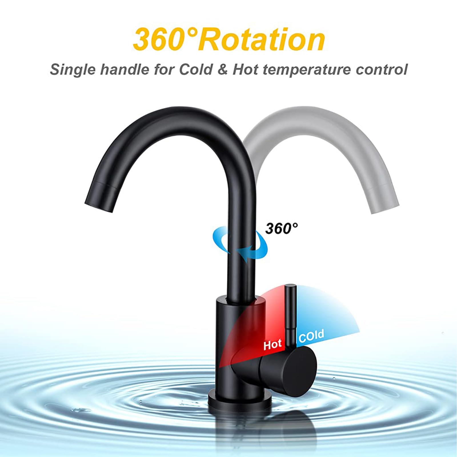 DEOLER Bathroom Sink Faucet, 360° Swivel Spout Lavatory Vanity Faucet Single Handle RV Kitchen Bar Sink Faucet Single Hole Bathroom Faucet, Matte Black, MPVI002