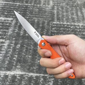 SHOOZIZ HAN312 Pocket Knife Folding Knife for EDC, 3.38" DC53 Steel Blade G10 Handle Folding knife With titanium alloy clip Ceramic ball bearing locating ball Everyday Carry Knife for Men Women (Orange+Sanding)