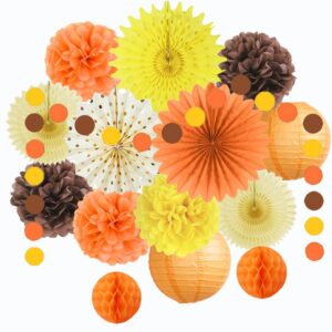 fall party decorations orange yellow brown paper fans paper pom poms paper lanterns circle dot garland for orange yellow autumn fall birthday bridal shower baby shower party decor