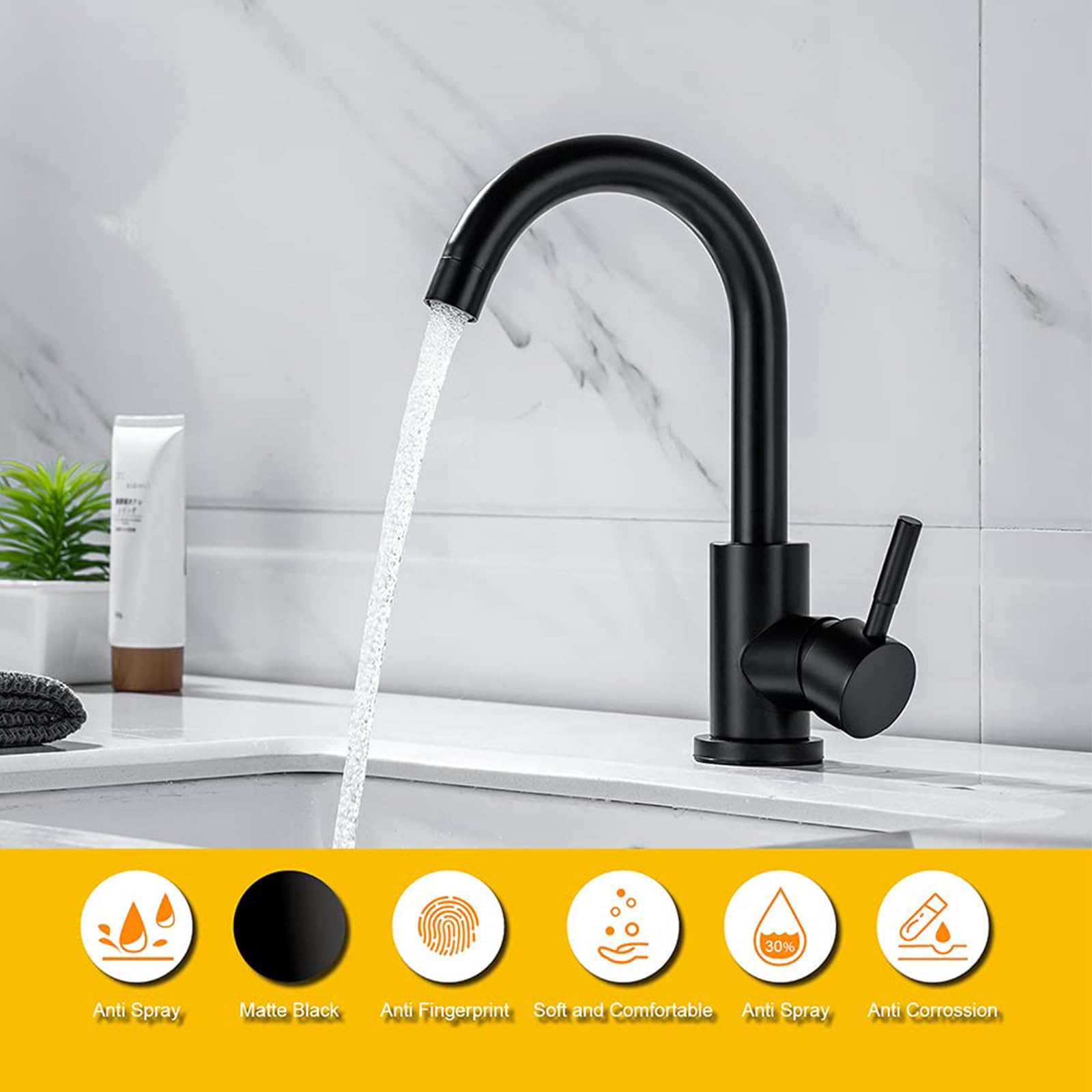 DEOLER Bathroom Sink Faucet, 360° Swivel Spout Lavatory Vanity Faucet Single Handle RV Kitchen Bar Sink Faucet Single Hole Bathroom Faucet, Matte Black, MPVI002